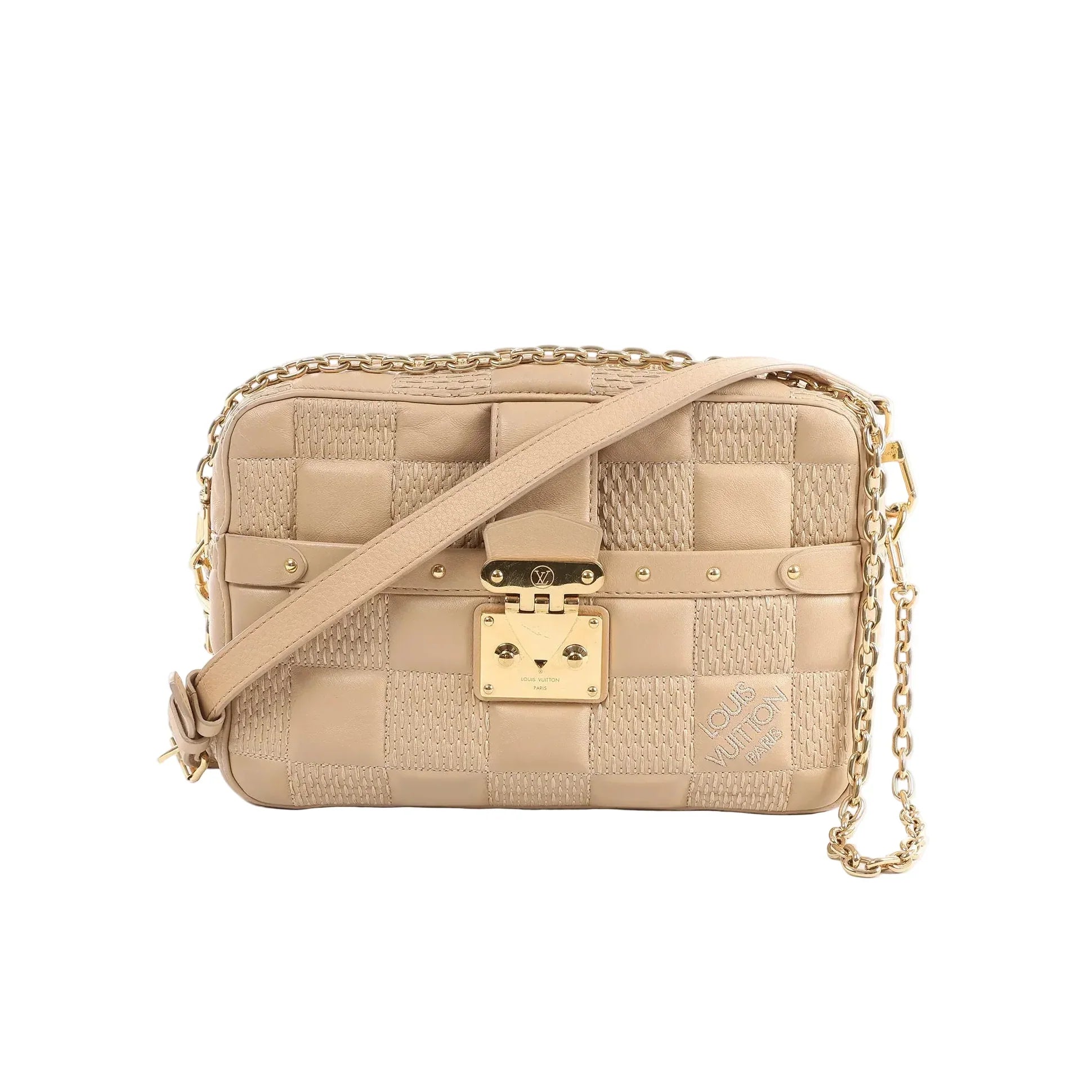 Beige Louis Vuitton Troca MM Damier quilt leather crossbody bag with gold-tone padlock clasp, chain strap detail, and adjustable shoulder strap.