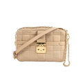 Beige Louis Vuitton Troca MM Damier quilt leather crossbody bag with gold-tone padlock clasp, chain strap detail, and adjustable shoulder strap.