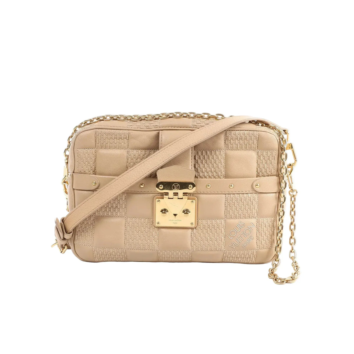 Beige Louis Vuitton Troca MM Damier quilt leather crossbody bag with gold-tone padlock clasp, chain strap detail, and adjustable shoulder strap.