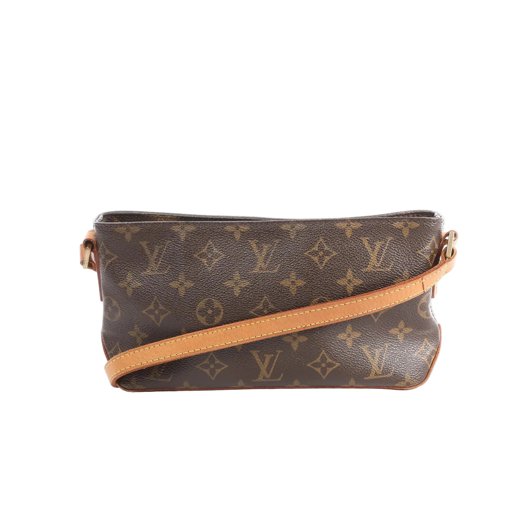 Louis Vuitton Trotteur brown Monogram canvas crossbody bag with vachetta leather trim and shoulder strap on white background.
