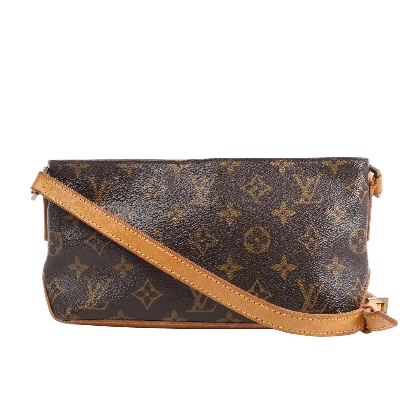 Louis Vuitton Monogram Canvas Trotteur Shoulder Bag M51240 featuring a rectangular shape, brown Monogram coated canvas, natural leather trim and adjustable shoulder strap, displayed against a white background.
