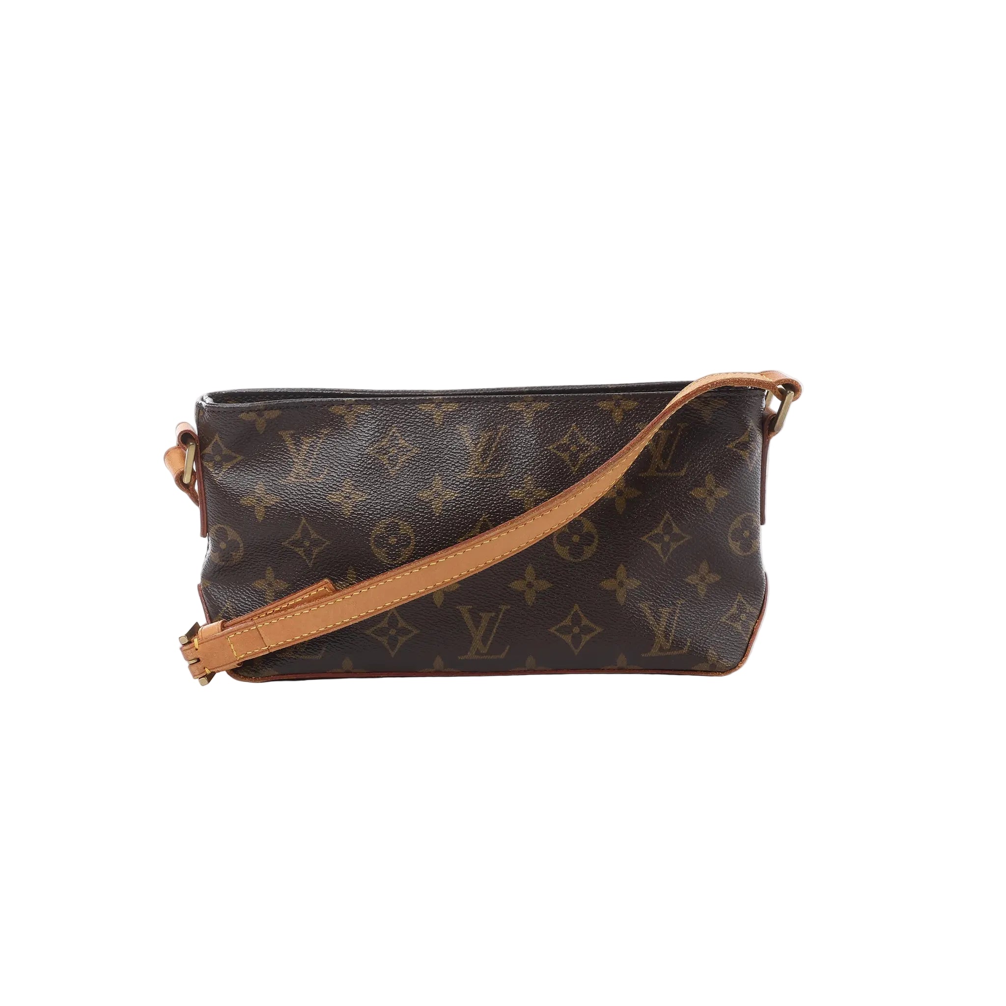 Louis Vuitton Trotteur crossbody bag in brown Monogram canvas with a tan adjustable leather strap and slim rectangular silhouette.