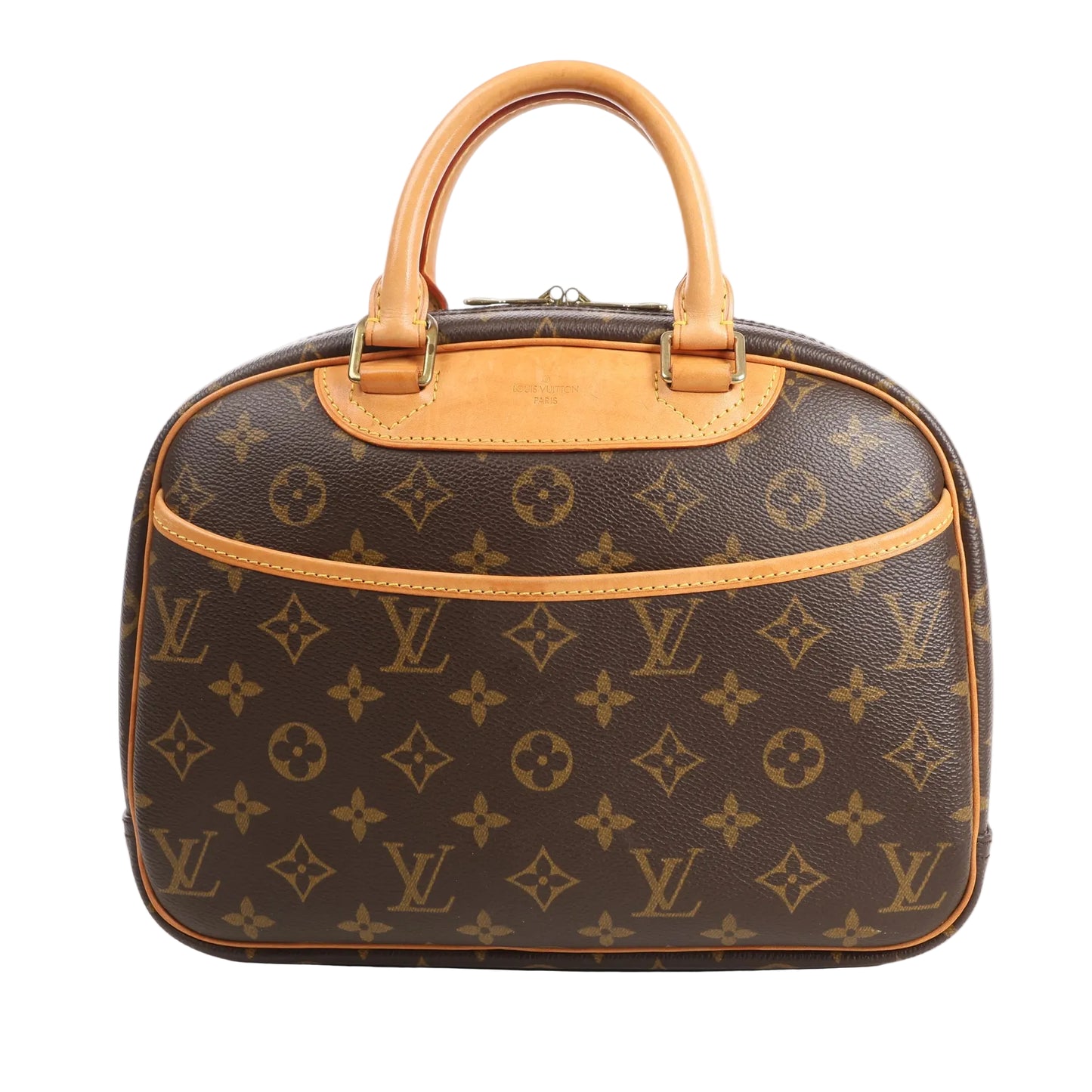 Louis Vuitton Trouville handbag in brown Monogram Canvas with natural leather trim, top handles, and front flat pocket.