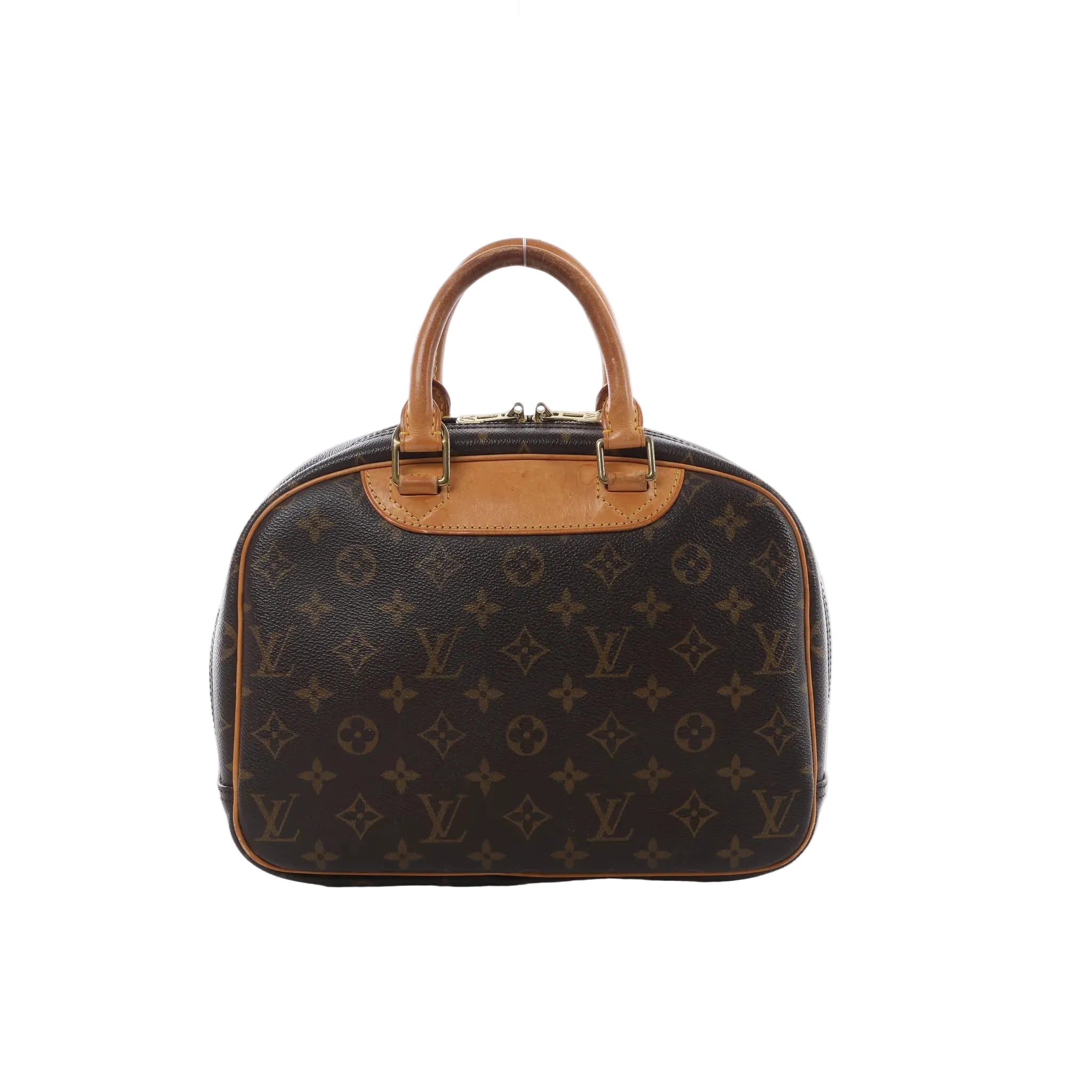 Louis Vuitton Trouville handbag in brown Monogram canvas with natural leather trim, dual rolled top handles, structured silhouette and zip-top closure.