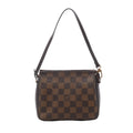 Brown Louis Vuitton Damier Ebene shoulder bag with dark leather side panels, slim shoulder strap and gold-tone clasp hardware.
