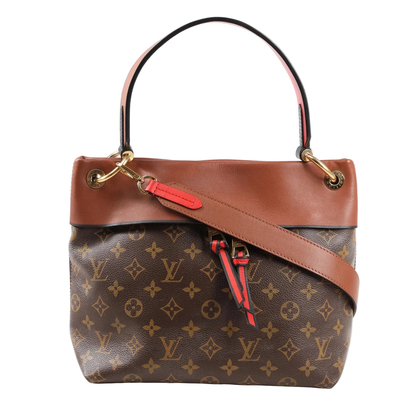 Front view of a Louis Vuitton Tuileries Besace M43157 handbag featuring Monogram canvas with brown leather trim, red leather accents, a wide shoulder strap, top handle, and gold-tone hardware.