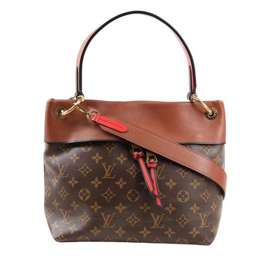 Front view of a Louis Vuitton Tuileries Besace M43157 handbag featuring Monogram canvas with brown leather trim, red leather accents, a wide shoulder strap, top handle, and gold-tone hardware.