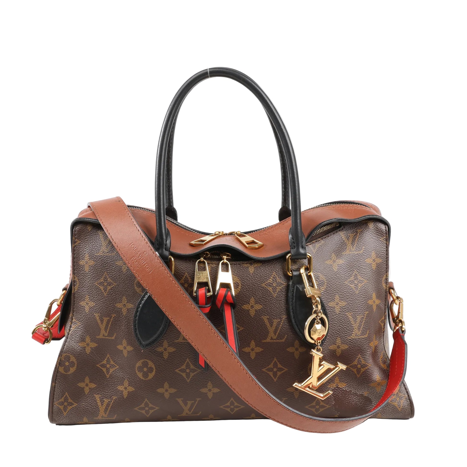Louis Vuitton Tuileries 2Way Handbag M41456 in brown Monogram canvas with tan leather trim, black handles, red leather accents, gold-tone hardware, and detachable LV charm.