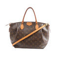 Louis Vuitton Turenne MM handbag in brown Monogram canvas with tan leather top handles, zip-top closure, and detachable tan leather shoulder strap.