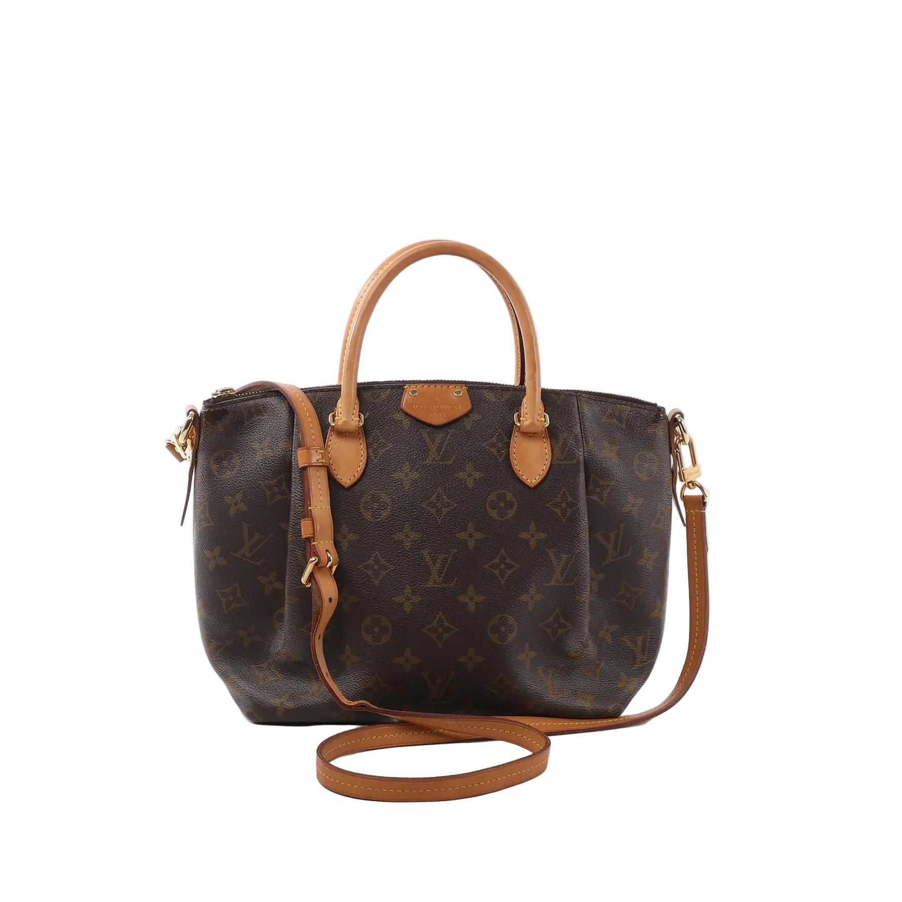 Front view of Louis Vuitton Turenne PM handbag in brown Monogram canvas with vachetta leather top handles, zip-top closure, and detachable vachetta shoulder strap with gold-tone hardware.