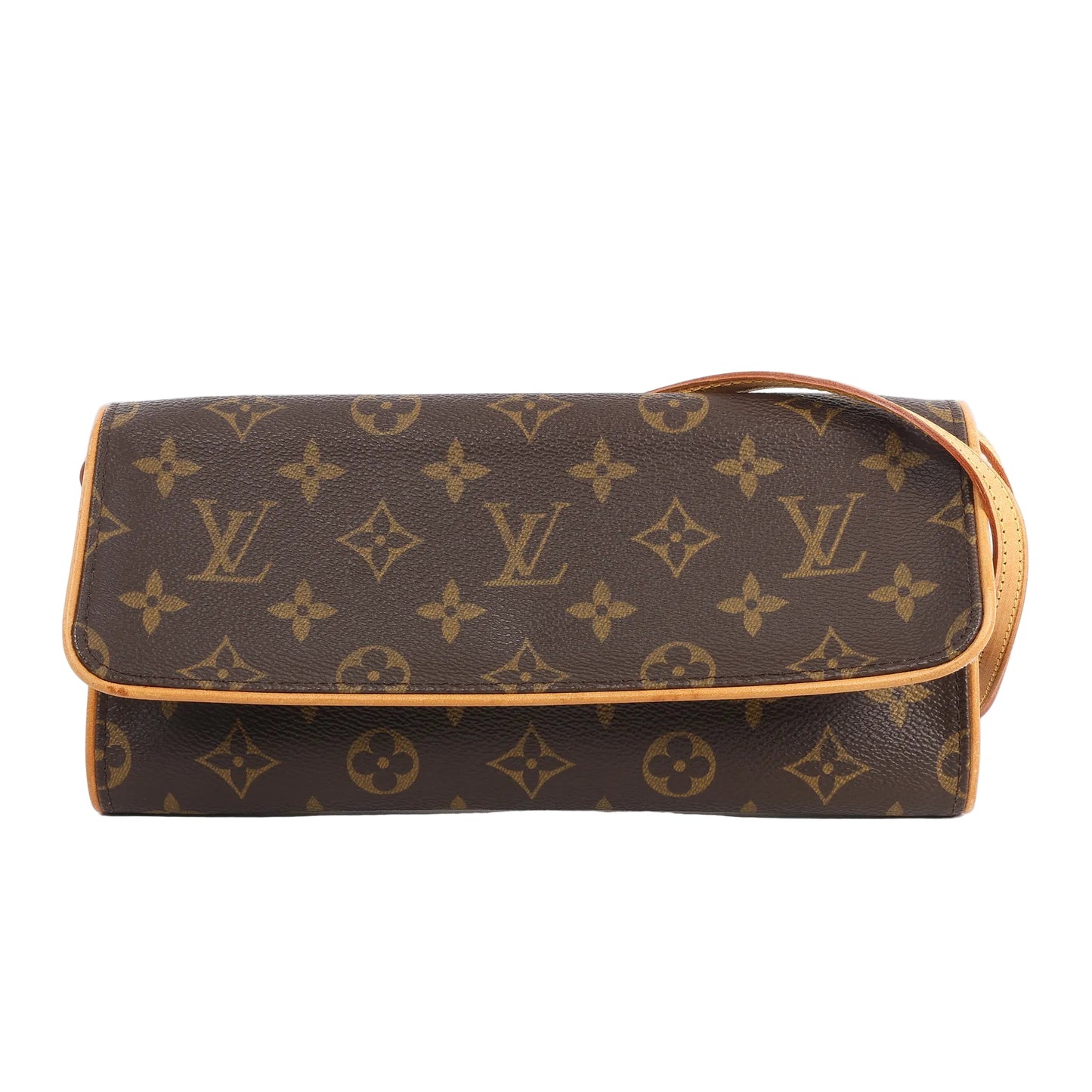Louis Vuitton Pochette Twin GM shoulder bag M51852 in brown monogram canvas with tan leather trim, flap closure, and slim rectangular design against a white background.