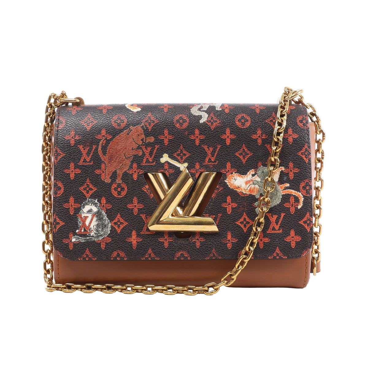 Front view of a Louis Vuitton Twist bag with orange Monogram motifs, illustrated cats and dogs, brown leather trim, a gold-tone LV lock and chain strap.