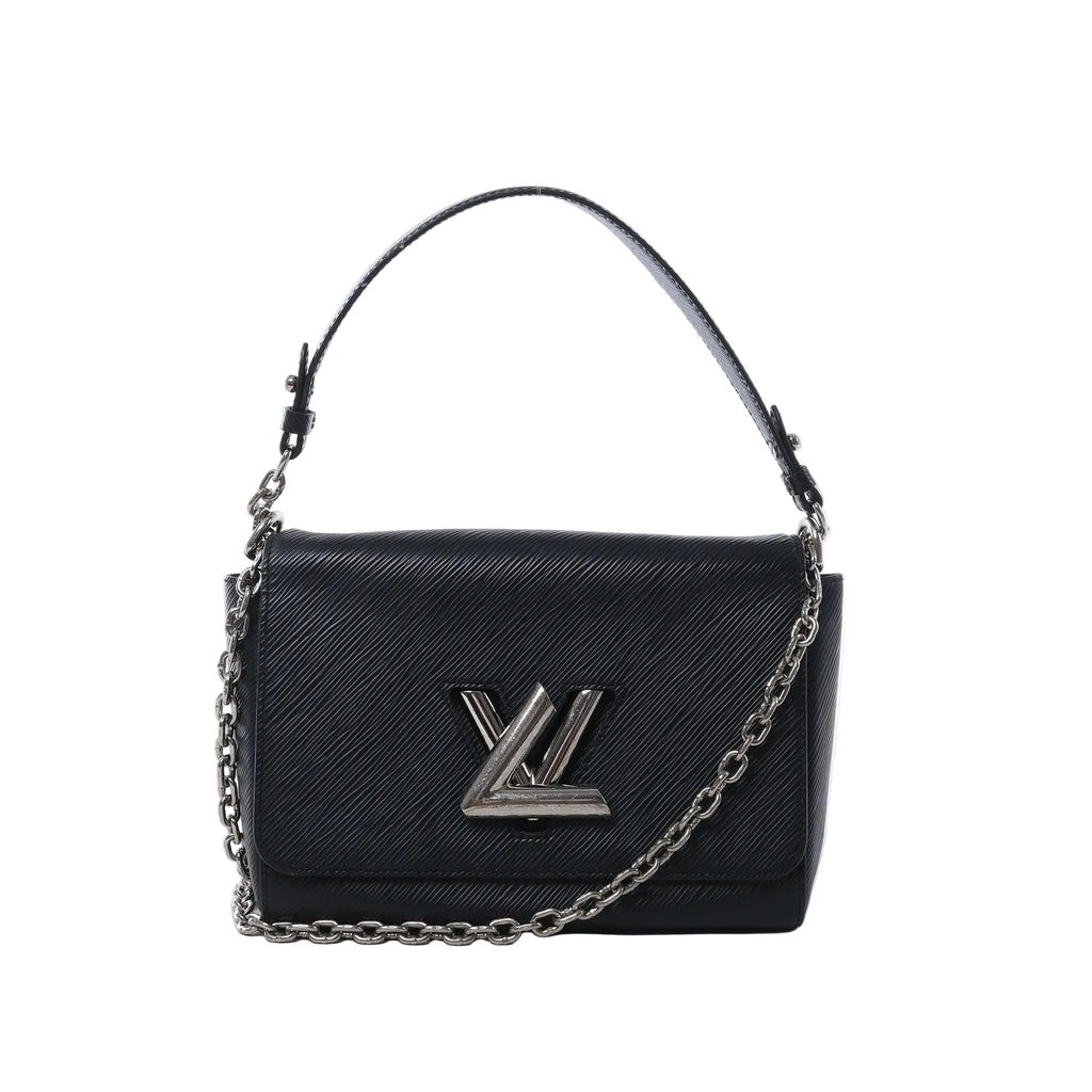 Louis Vuitton Twist MM black Epi leather crossbody bag with silver-tone LV Twist lock, chain strap, and black top handle on white background.