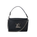 Louis Vuitton Twist MM black Epi leather crossbody bag with silver-tone LV Twist lock, chain strap, and black top handle on white background.