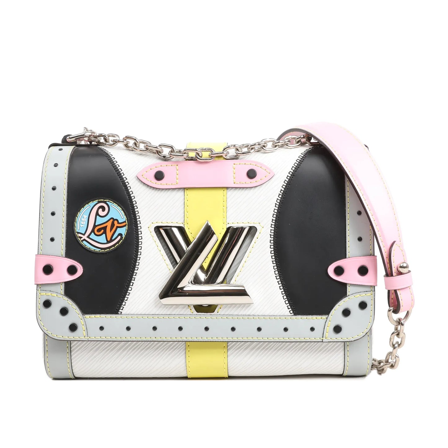 Louis Vuitton Twist MM shoulder bag in multicolor Epi leather featuring pastel pink, yellow, black, and light blue panels, a silver-tone LV twist-lock closure, decorative patch, and a silver chain strap with leather shoulder detail.