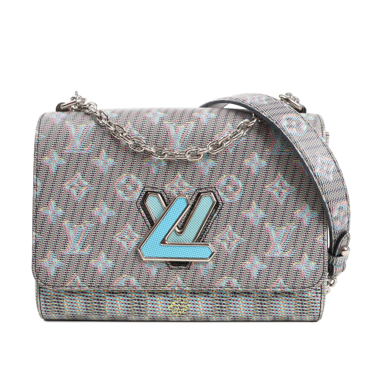 Front-facing Louis Vuitton Twist MM LV Pop crossbody bag in gray canvas with colorful monogram print, turquoise LV twist-lock closure, and silver-tone chain strap.