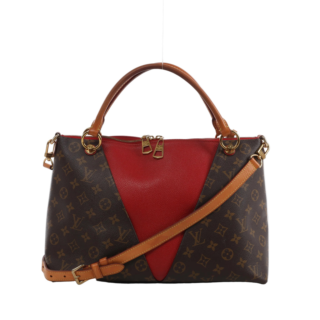 Brown Louis Vuitton V Tote MM Monogram canvas handbag with red leather V panel, tan leather handles, shoulder strap and gold-tone hardware.