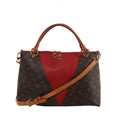 Brown Louis Vuitton V Tote MM Monogram canvas handbag with red leather V panel, tan leather handles, shoulder strap and gold-tone hardware.