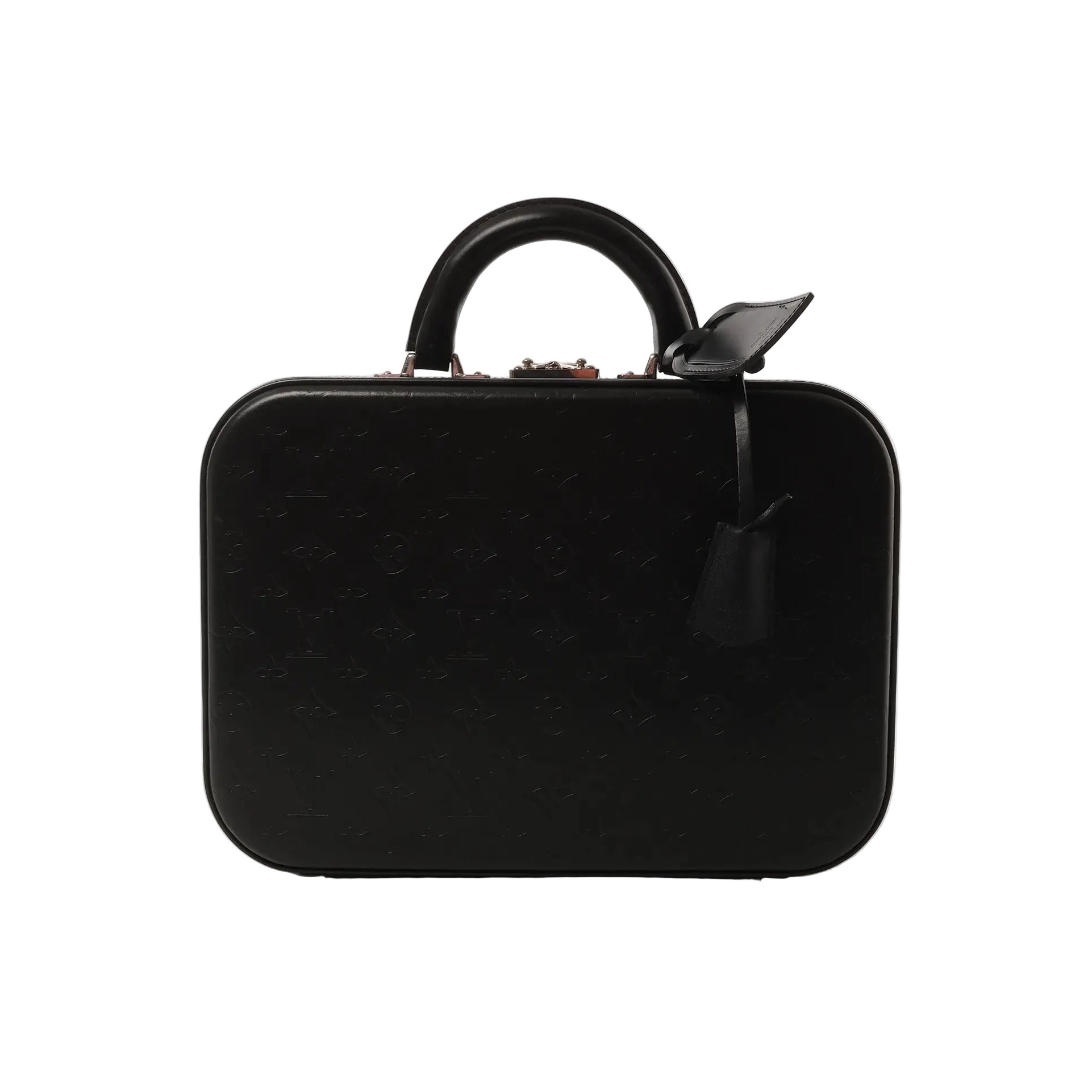 Louis Vuitton Valisette MM handbag in black Monogram Glace leather with embossed monogram pattern, rigid suitcase-style shape, top handle, and hanging leather tag on white background.