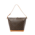 Louis Vuitton shoulder bag in brown Monogram canvas with tan vachetta leather base and adjustable shoulder strap, zip-top closure, front view on white background.