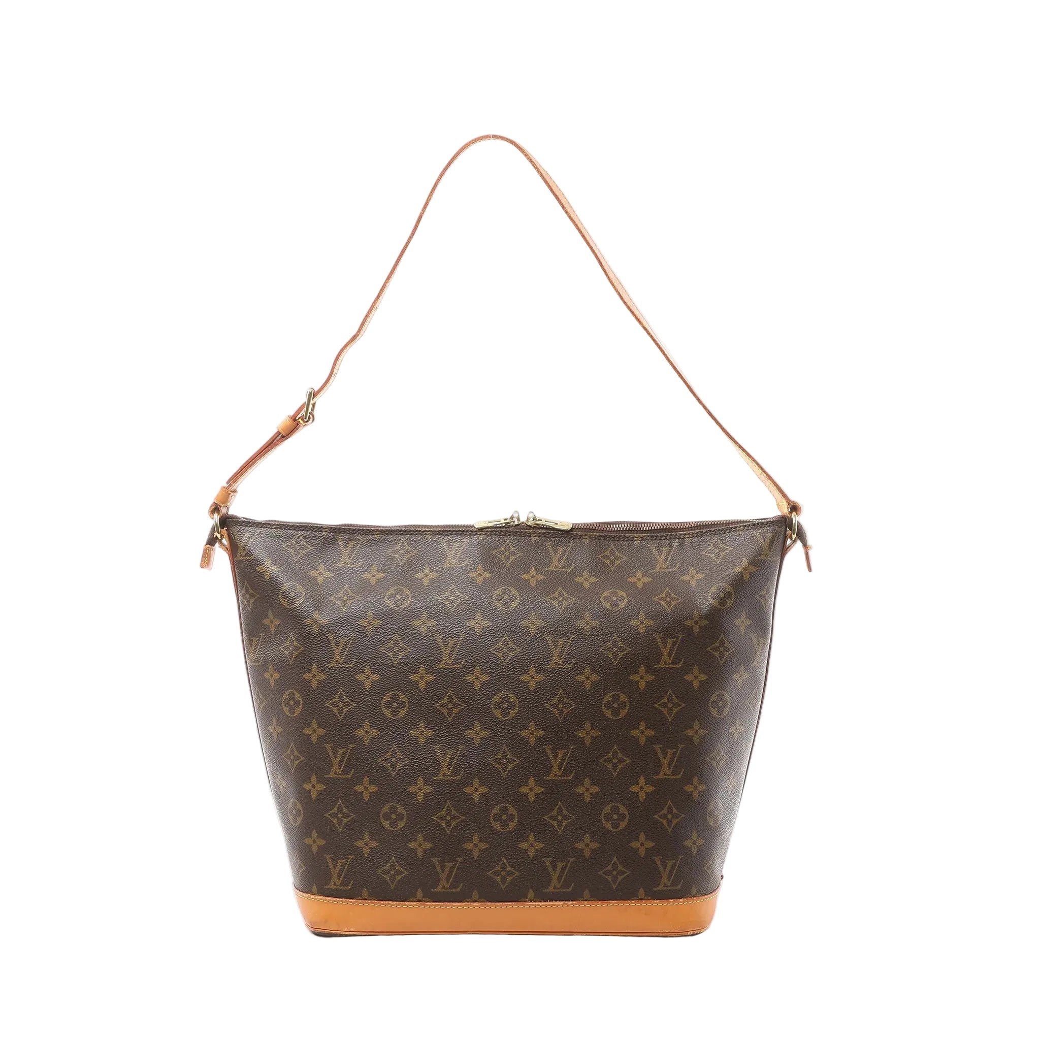 Louis Vuitton shoulder bag in brown Monogram canvas with tan vachetta leather base and adjustable shoulder strap, zip-top closure, front view on white background.