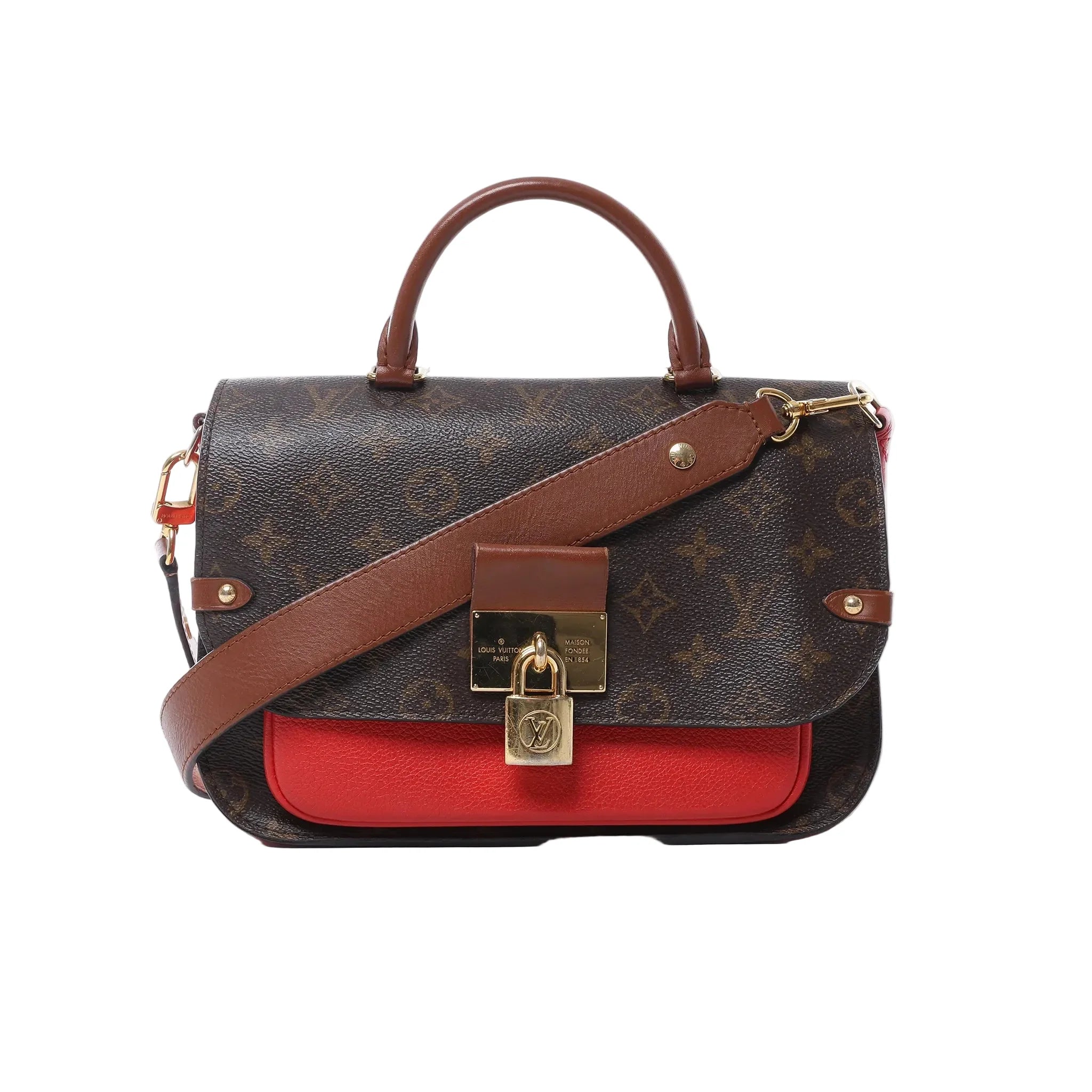 Front view of Louis Vuitton Vaugirard PM bag in brown Monogram canvas with red leather base, top handle, adjustable shoulder strap, and gold-tone padlock clasp.