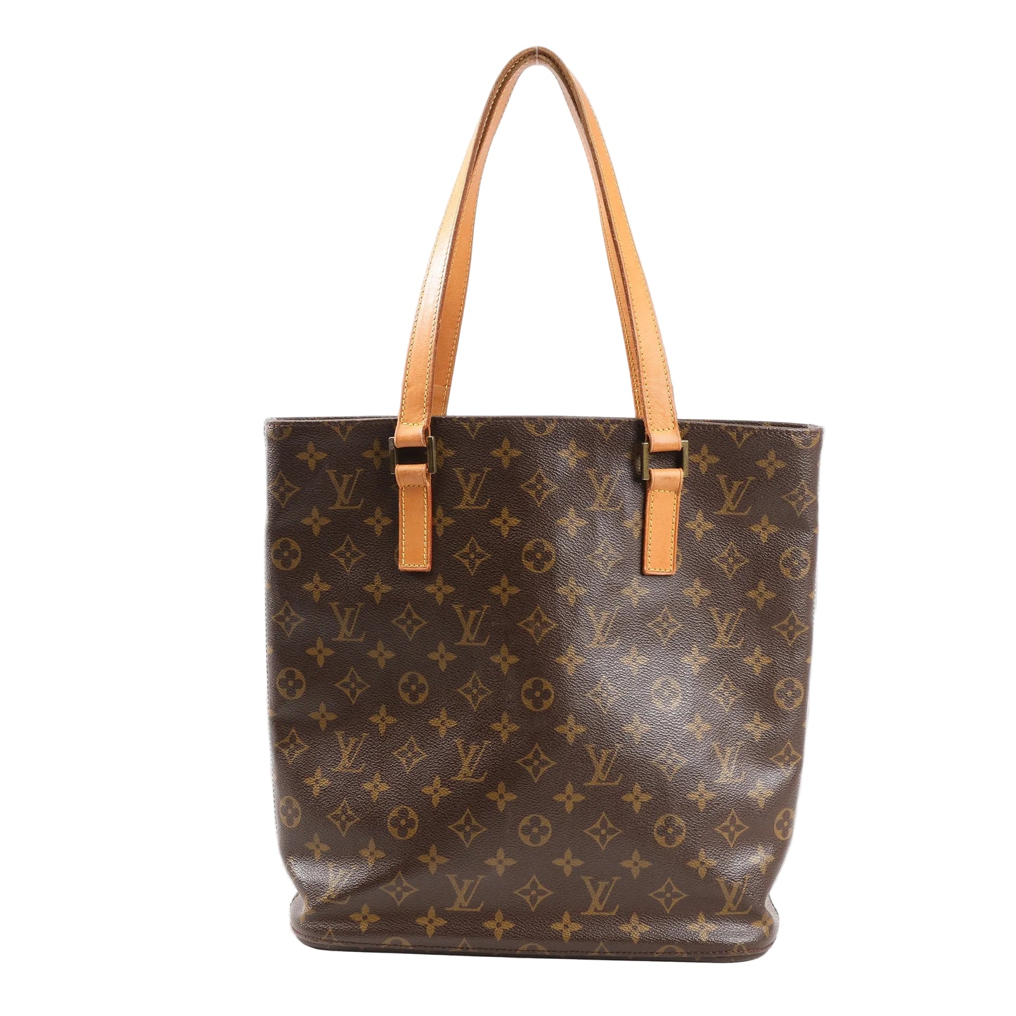 Front view of a Louis Vuitton Vavin GM shoulder bag in brown Monogram Canvas with natural leather flat shoulder straps and a tall, structured tote silhouette.
