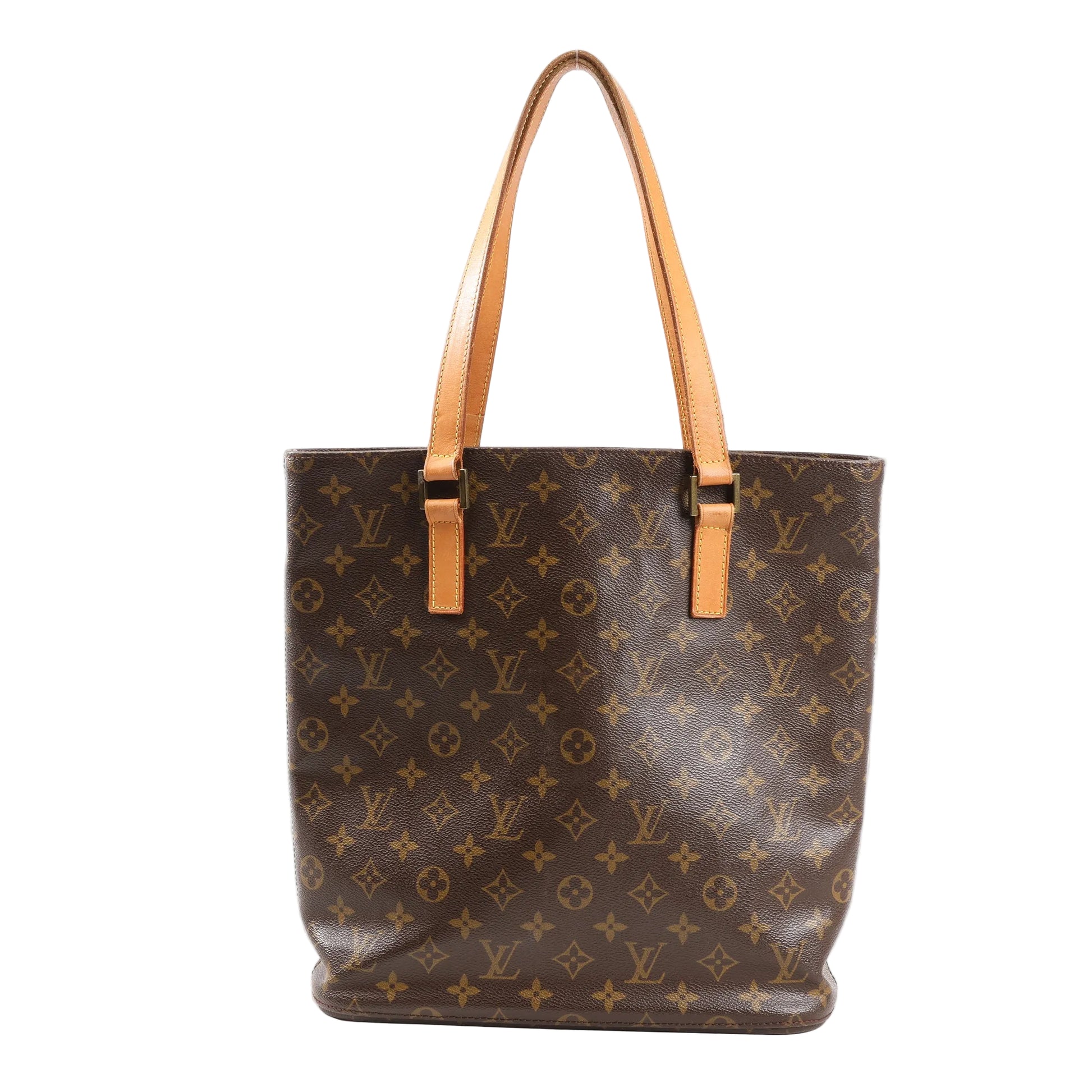 Front view of a Louis Vuitton Vavin GM shoulder bag in brown Monogram Canvas with natural leather flat shoulder straps and a tall, structured tote silhouette.