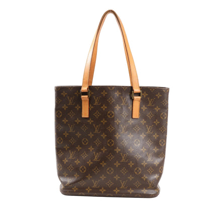 Front view of a Louis Vuitton Vavin GM shoulder bag in brown Monogram Canvas with natural leather flat shoulder straps and a tall, structured tote silhouette.