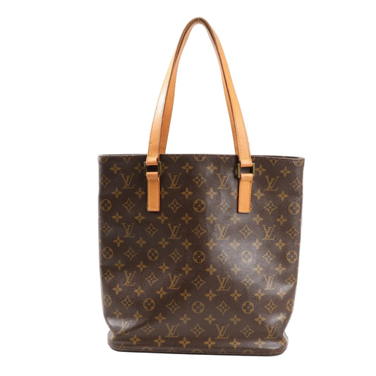 Front view of a Louis Vuitton Vavin GM shoulder bag in brown Monogram Canvas with natural leather flat shoulder straps and a tall, structured tote silhouette.