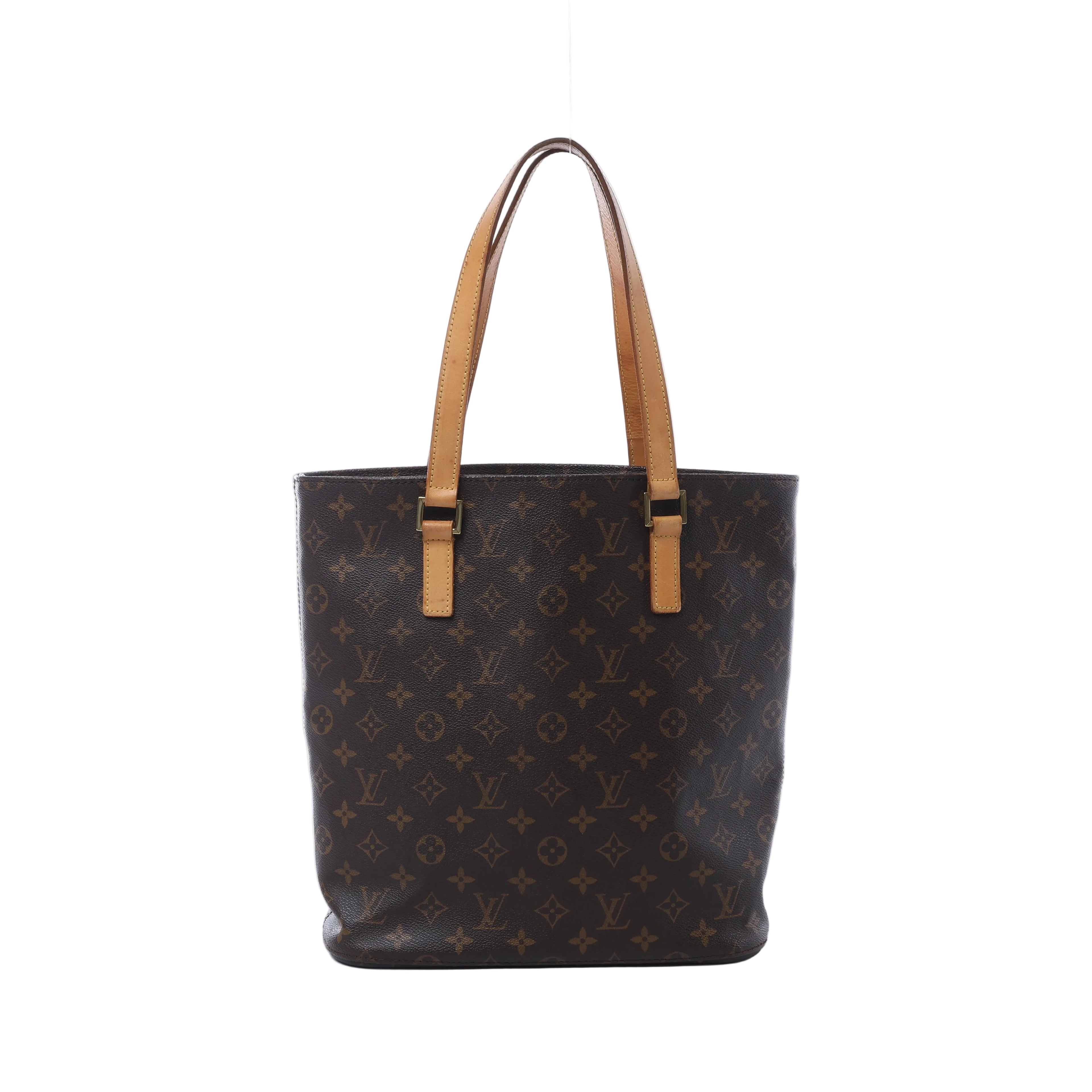 Brown Louis Vuitton Vavin GM Monogram canvas tote bag with long tan leather shoulder handles and gold-tone hardware.