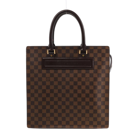 Louis Vuitton Damier Ebene Venice GM Handbag N51146 in brown checkered coated canvas with dark brown rolled leather handles, gold-tone hardware, and structured square silhouette, displayed upright against a white background.