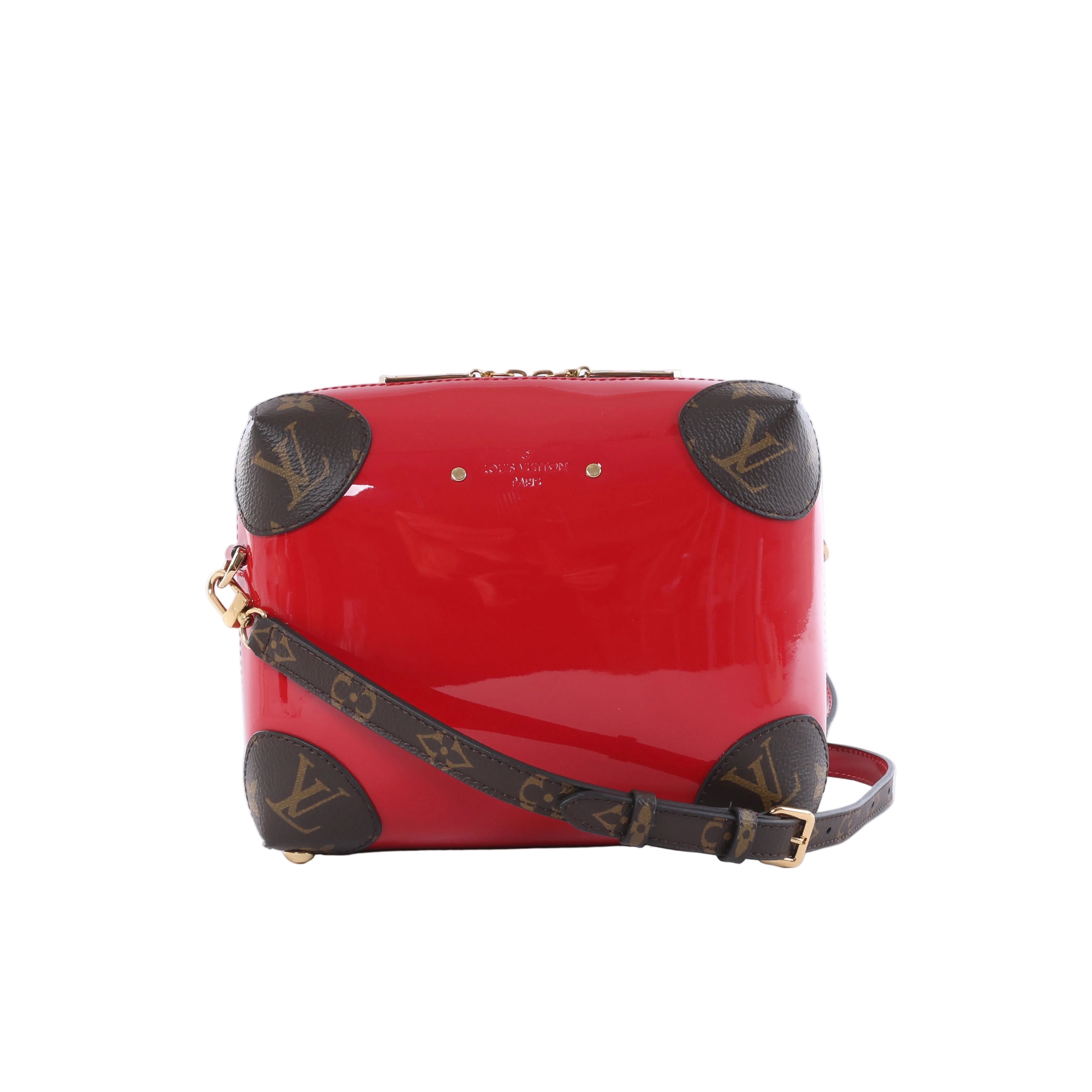 Louis Vuitton Venice Miroir red Vernis leather crossbody bag with brown Monogram canvas corner details, shoulder strap and gold-tone hardware.