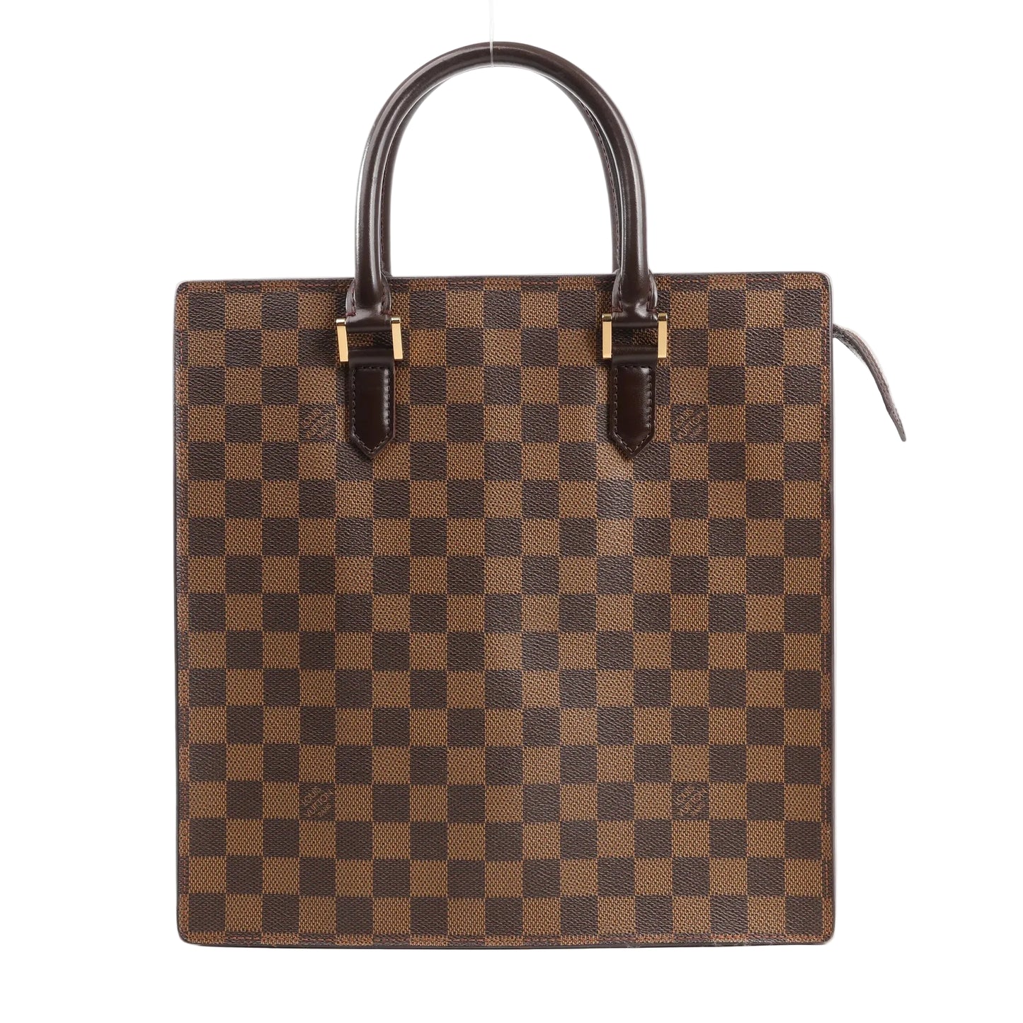 Louis Vuitton Venice PM handbag in brown Damier Ebene canvas featuring a boxy structured silhouette, dual rolled leather top handles, and gold-tone hardware accents.