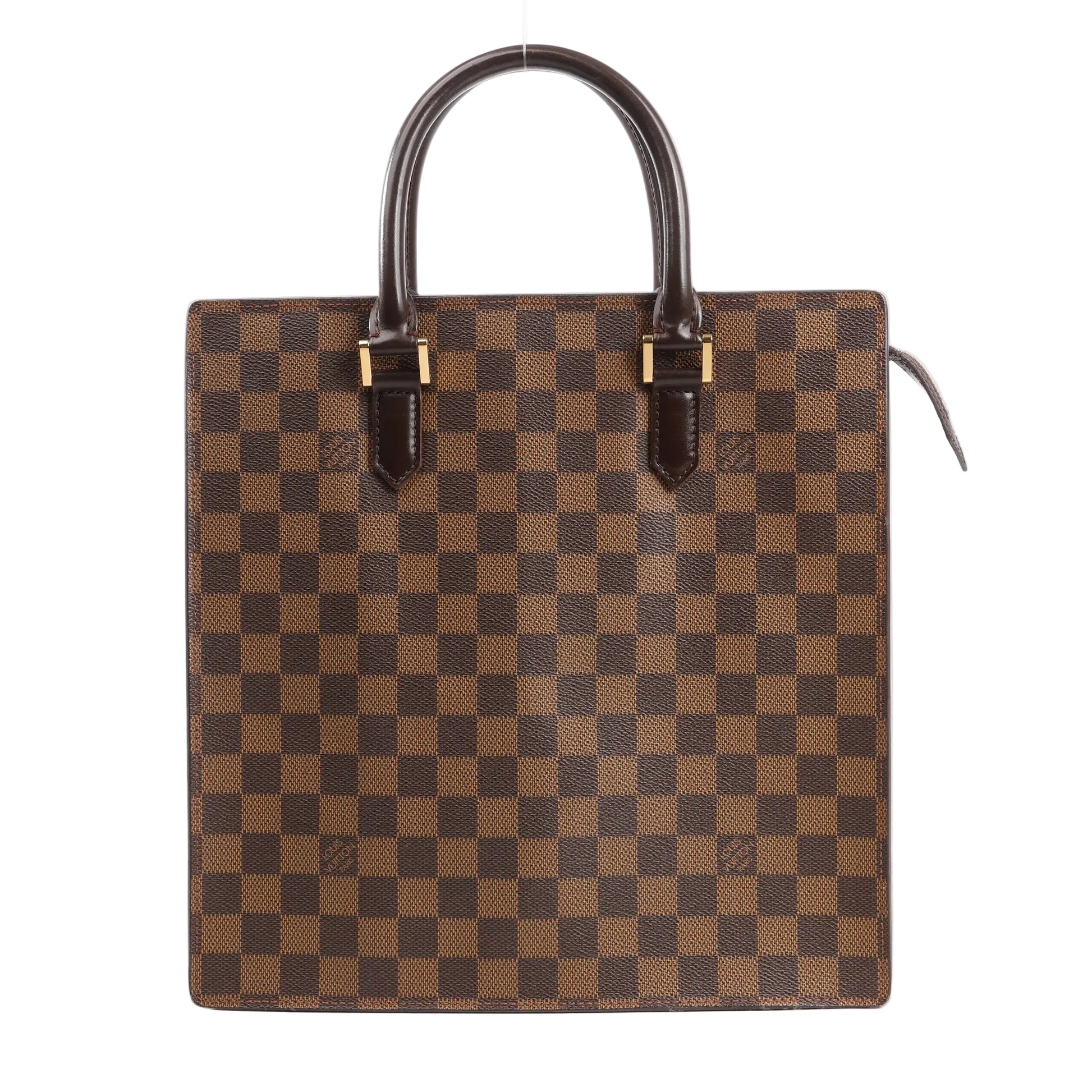 Louis Vuitton Venice PM handbag in brown Damier Ebene canvas featuring a boxy structured silhouette, dual rolled leather top handles, and gold-tone hardware accents.