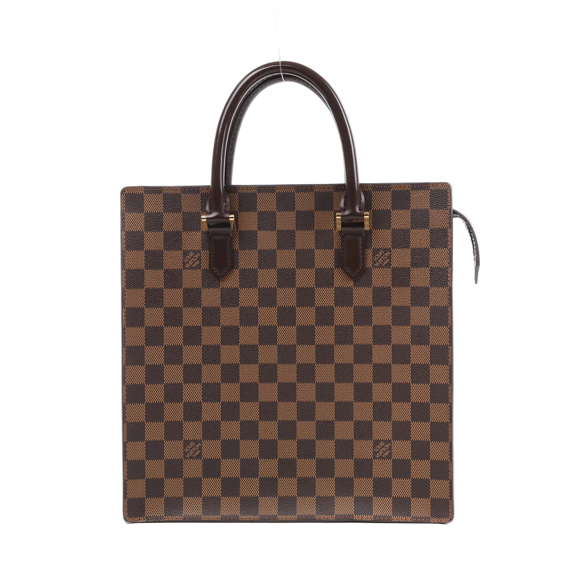 Louis Vuitton Damier Ebene Venice PM Handbag N51145 featuring a square, structured design in brown checkered canvas with dark brown leather top handles and gold-tone hardware, displayed upright against a white background.