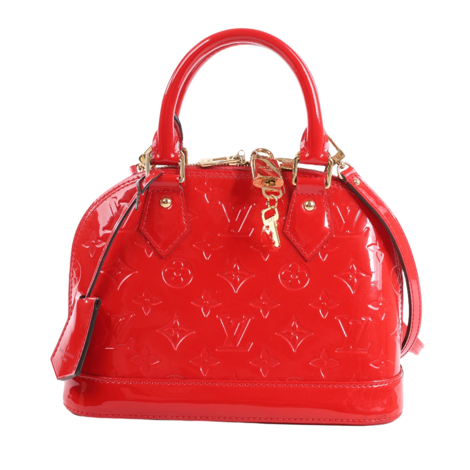 Red handbag with gold accents on a white background