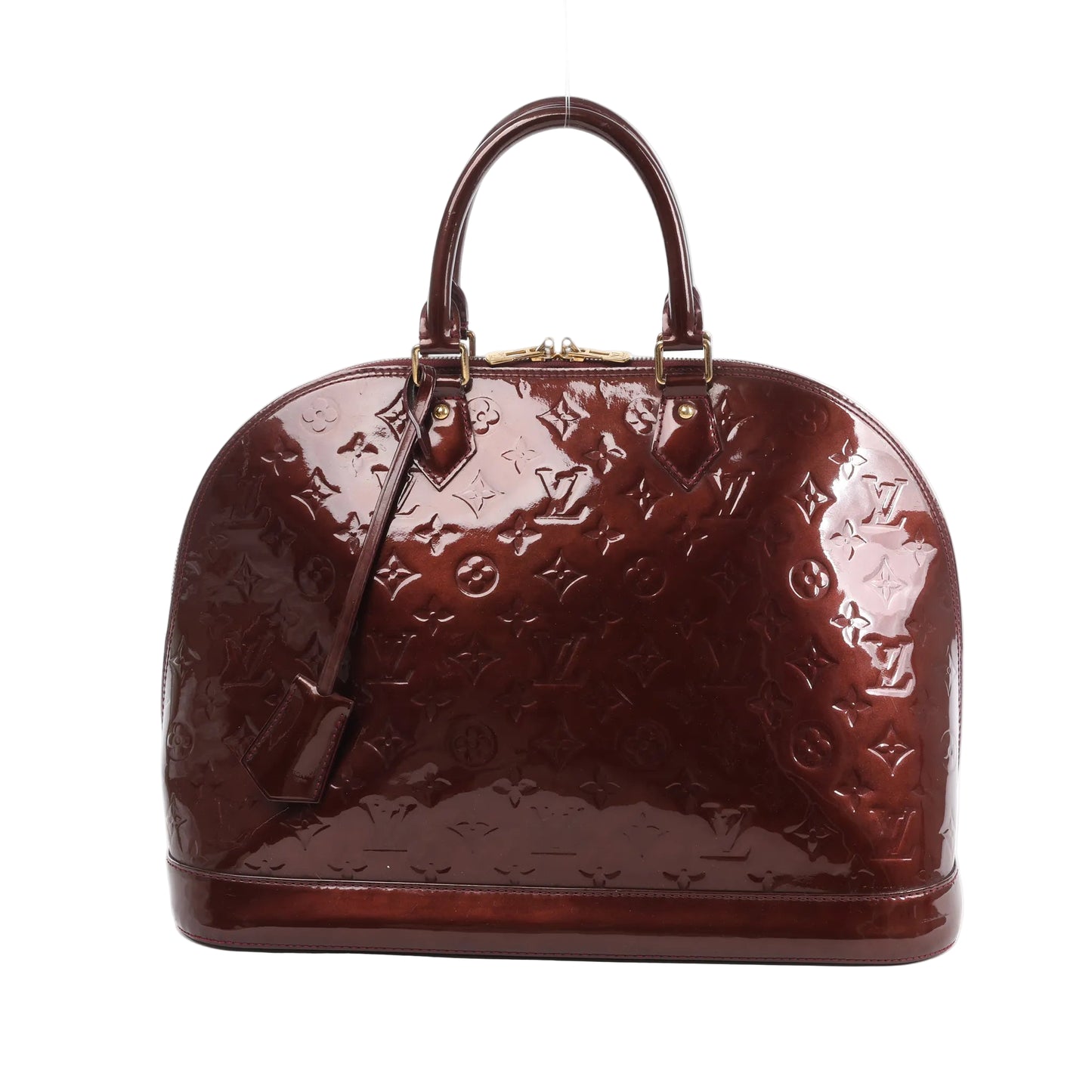 Front view of the Louis Vuitton Vernis Alma GM Handbag M91687 in glossy burgundy patent leather, showcasing embossed monogram pattern, structured dome shape, dual top handles, gold-tone hardware, and a leather clochette, displayed against a white background.
