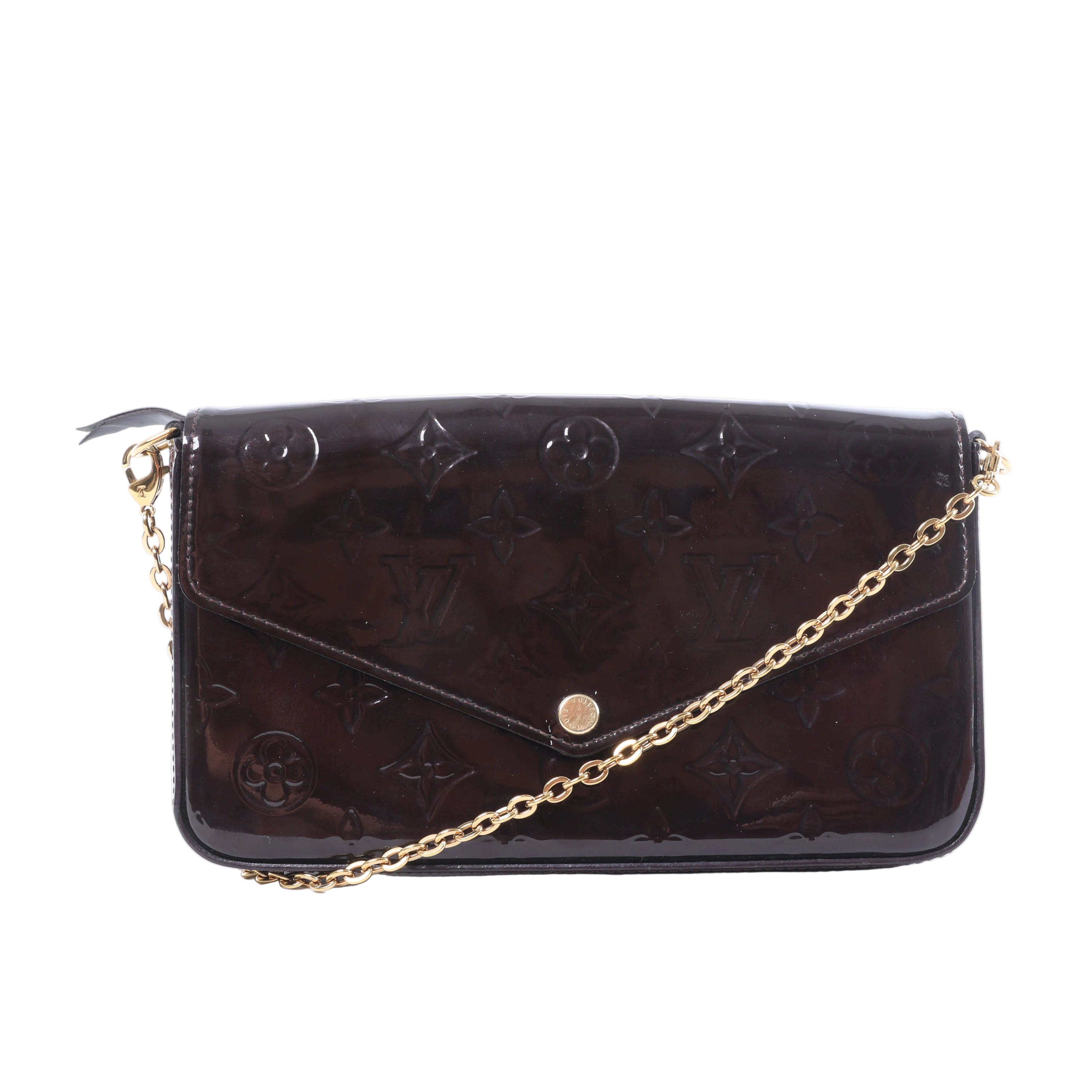 Louis Vuitton Félicie Pochette in dark brown Monogram Vernis leather with envelope flap, gold-tone snap closure and chain shoulder strap.