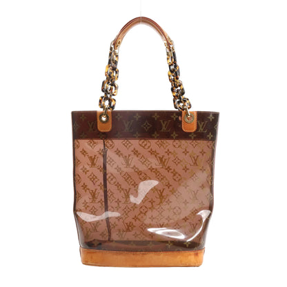 Louis Vuitton Ambre MM Cabas Shoulder Bag in brown transparent vinyl with all-over monogram pattern, tan leather trim, and chunky tortoiseshell chain handles.