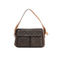 Brown Louis Vuitton Viva-Cité GM Monogram canvas shoulder bag with natural leather strap, trim and two front flap pockets.