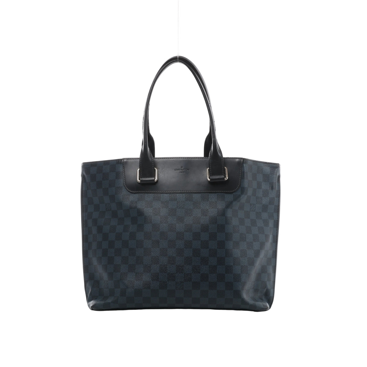 Navy blue Louis Vuitton Cabas Voyage tote in Damier Cobalt checkered canvas with black leather trim, long shoulder handles and silver-tone hardware.
