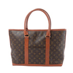 Louis Vuitton Weekend PM handbag in brown Monogram canvas with smooth brown leather trim, rolled top handles and a front slip pocket.