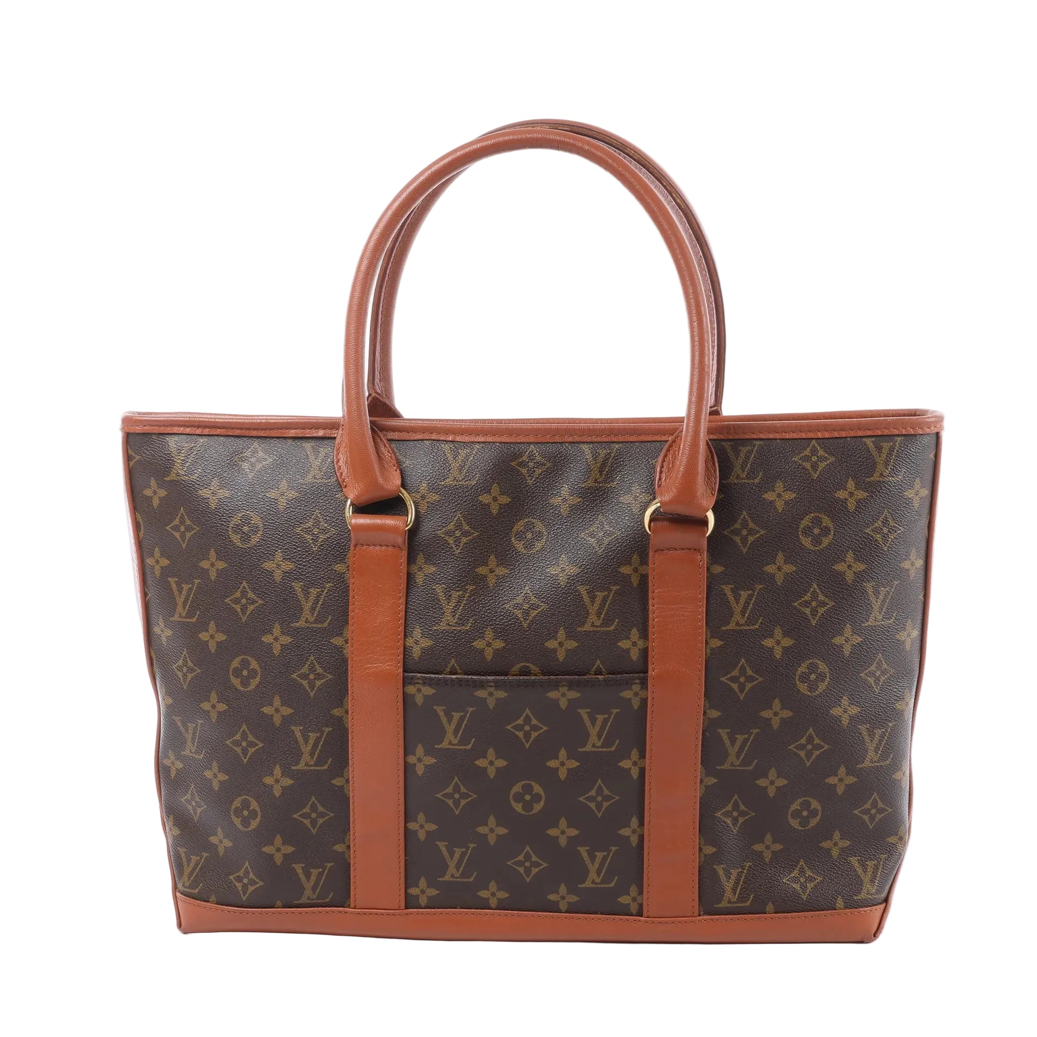 Louis Vuitton Weekend PM handbag in brown Monogram canvas with smooth brown leather trim, rolled top handles and a front slip pocket.