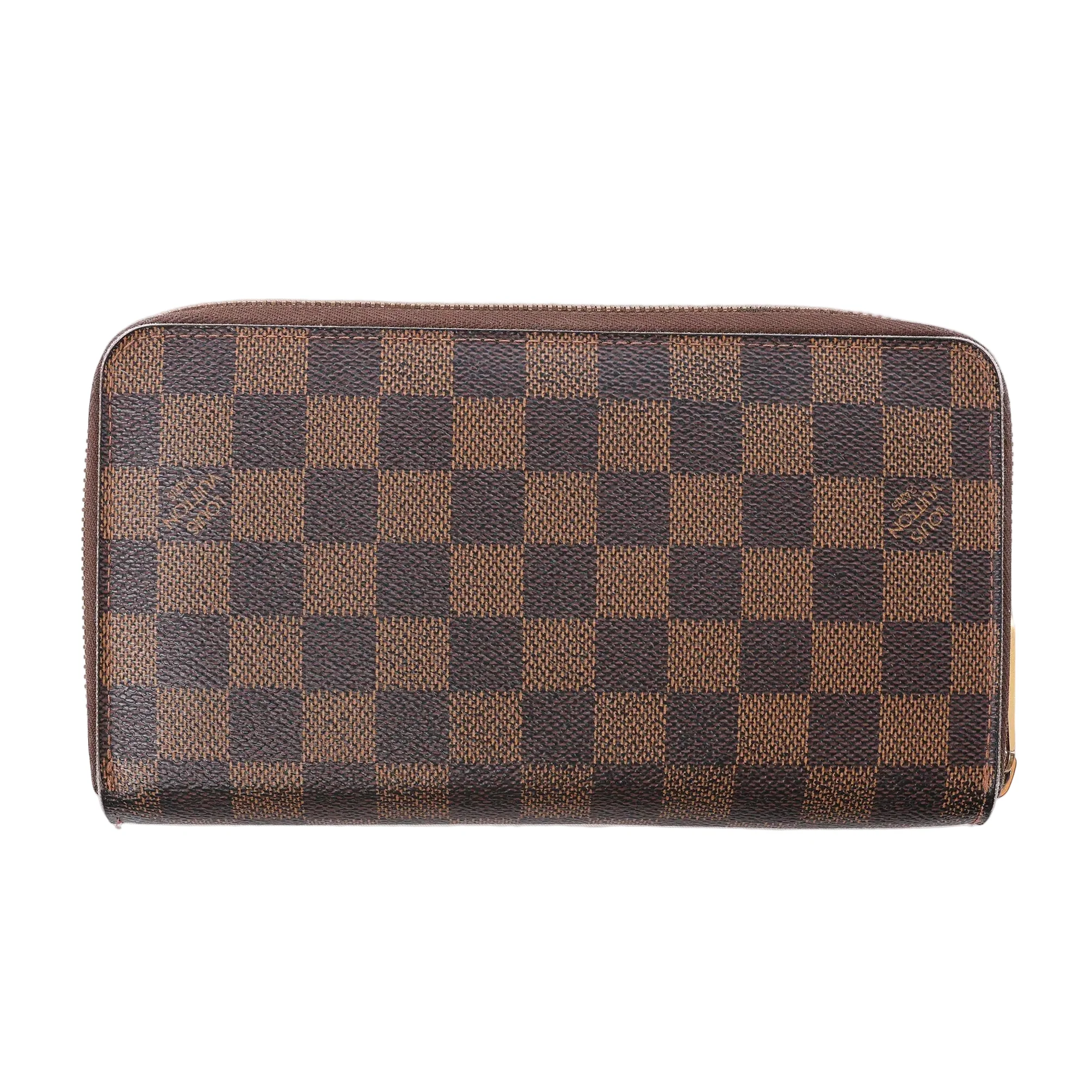 Louis Vuitton Zippy wallet in brown Damier Ebene coated canvas with checkerboard pattern and gold-tone zip-around closure on white background.