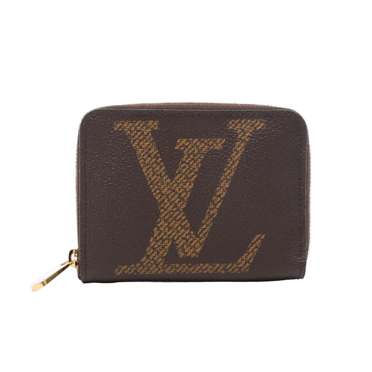 Brown Louis Vuitton Zippy wallet with an oversized tan LV motif, rounded corners and a gold-tone zip-around closure.