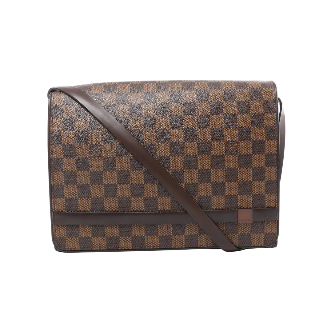 Louis Vuitton Tribeca Carré bag in brown Damier Ebene checkerboard canvas with a broad front flap, dark brown leather trim and matching strap.