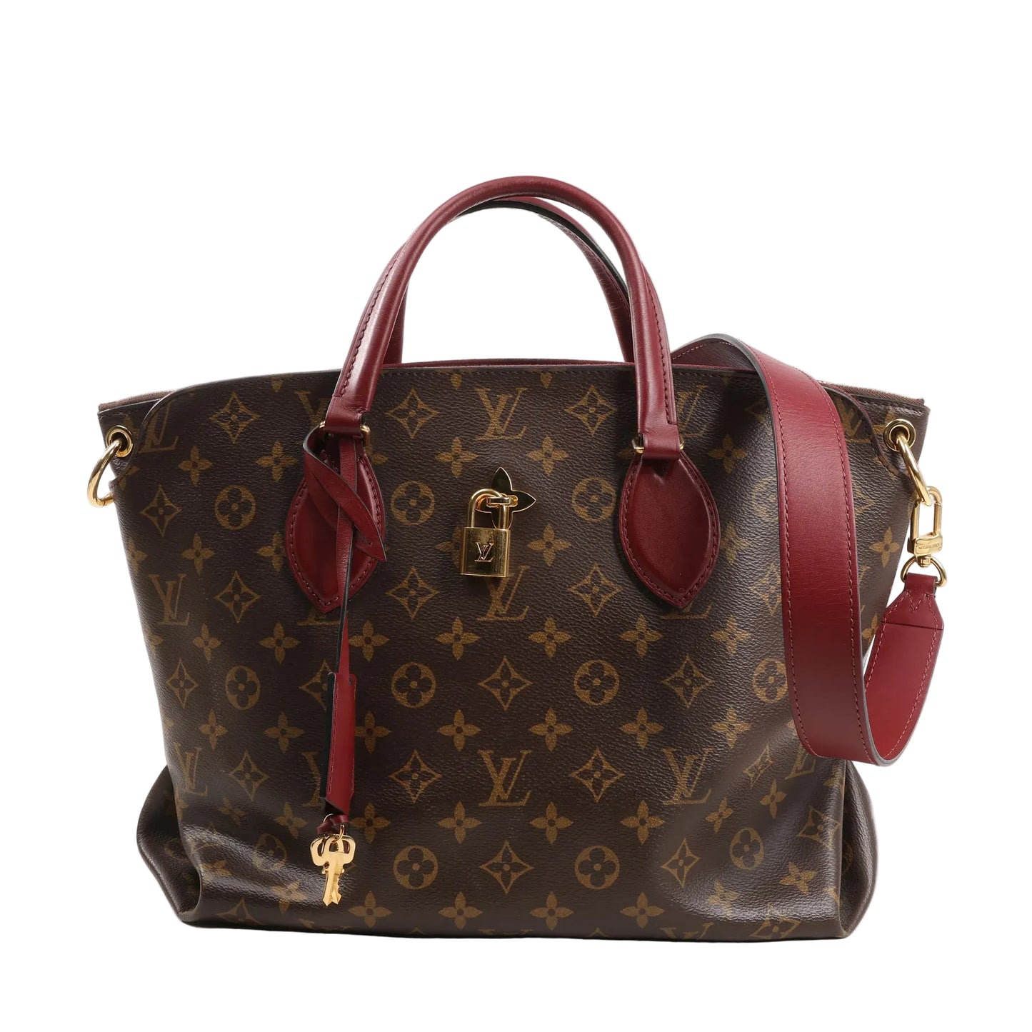 Louis Vuitton Flower MM shoulder bag M44348 in classic brown Monogram canvas with burgundy leather handles and strap, gold-tone hardware, signature LV padlock, and key charm. Features a structured silhouette with dual carry options.