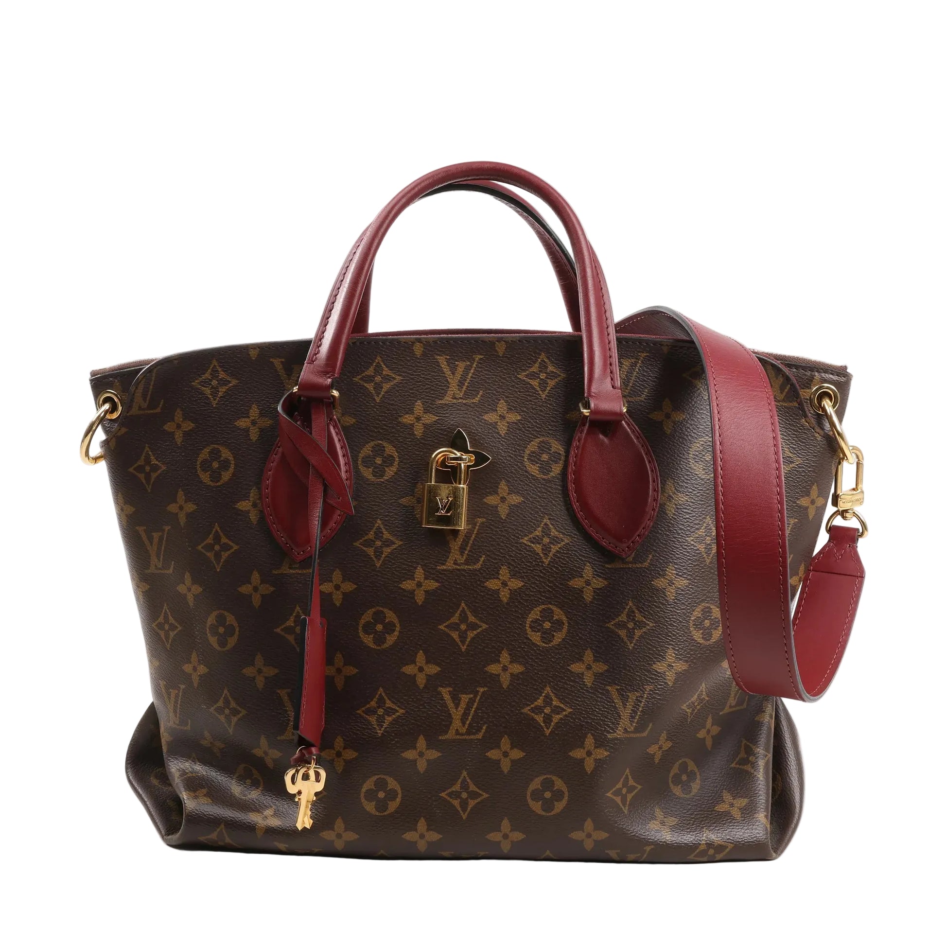 Louis Vuitton Flower MM shoulder bag M44348 in classic brown Monogram canvas with burgundy leather handles and strap, gold-tone hardware, signature LV padlock, and key charm. Features a structured silhouette with dual carry options.