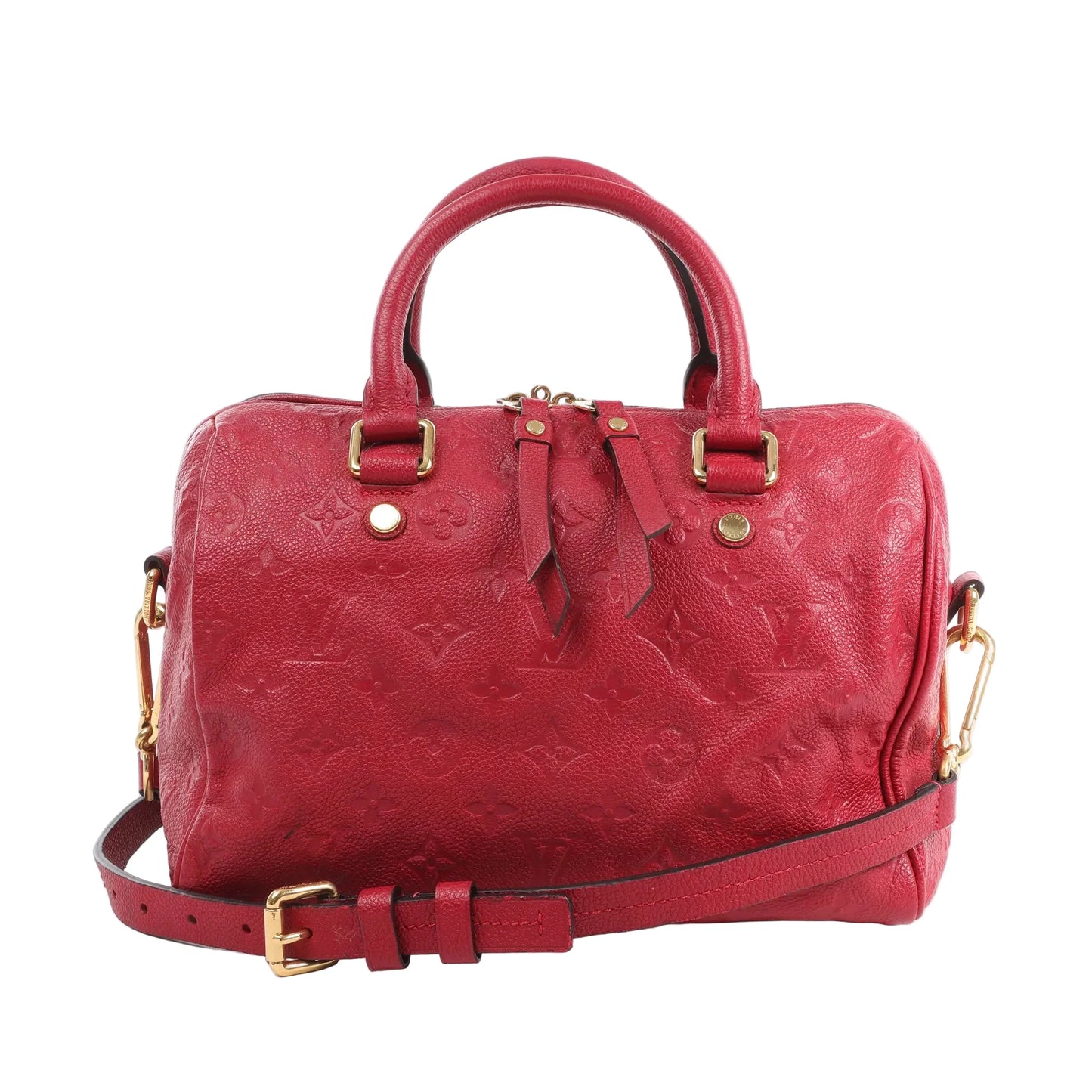 Front view of the Louis Vuitton Monogram Empreinte Speedy 25 Bandoulière Handbag M40827 in red, featuring soft embossed leather with the LV monogram pattern, dual top handles, detachable shoulder strap with gold-tone hardware, and zip closure, set against a white background.